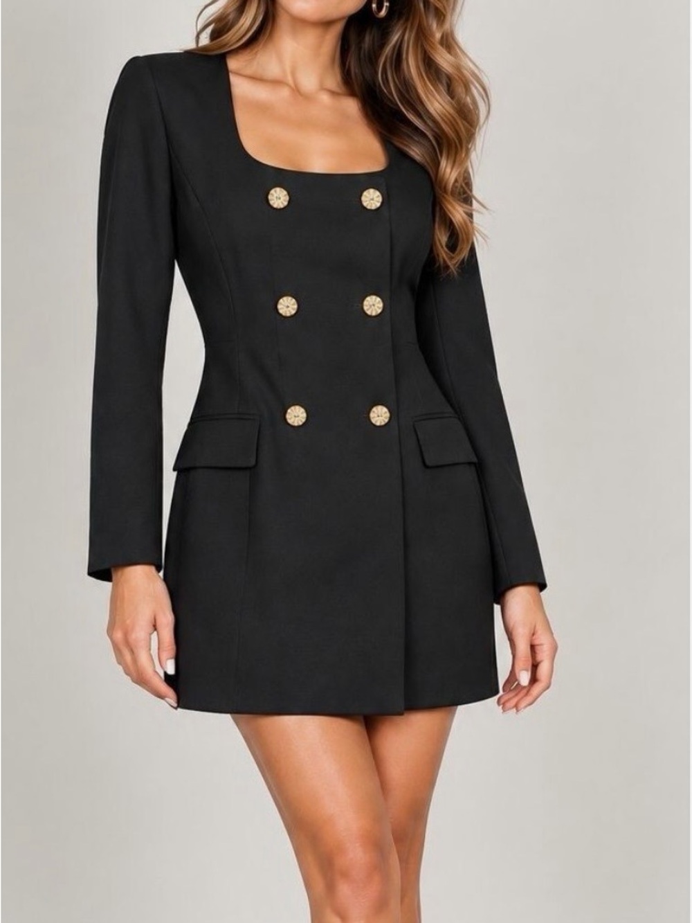 Zara Black Double-Breasted Square Neck Blazer Mini Dress with Gold Buttons